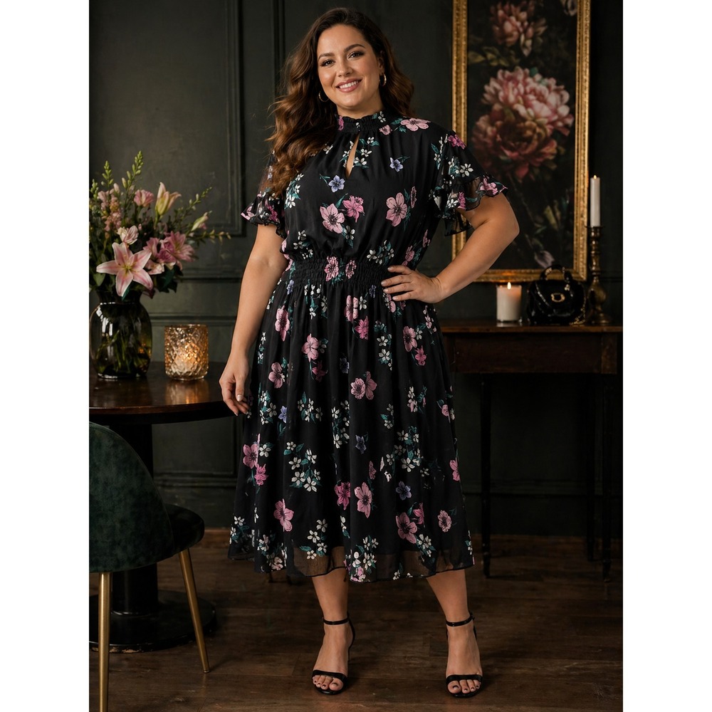 NWT Lane Bryant Floral Dress Blk Smocked Keyhole Chiffon Plus Size 24P 24 Petite - Picture 14 of 15